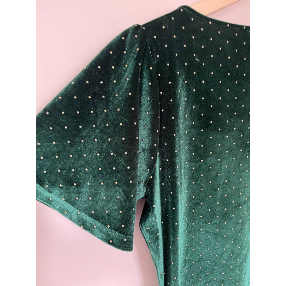 Michael Kors Dark Green Gold Studded Velvet Short Ruffle Sleeve Ruched Blouse - Picture 7 of 7